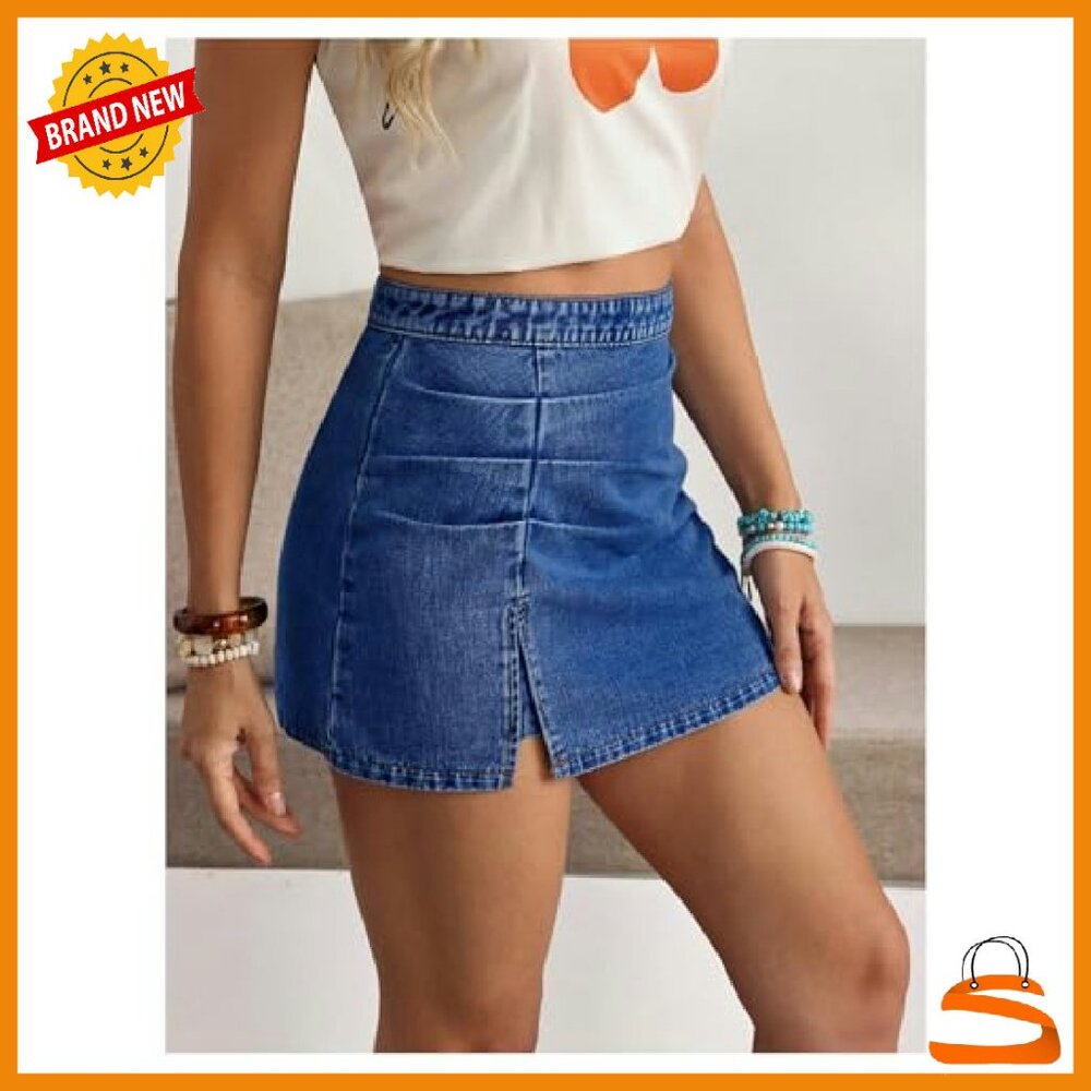 High Waisted Ruched Split Hem Mini Denim Skirt - Women's Casual Jean Skirt - Picture 4 of 6